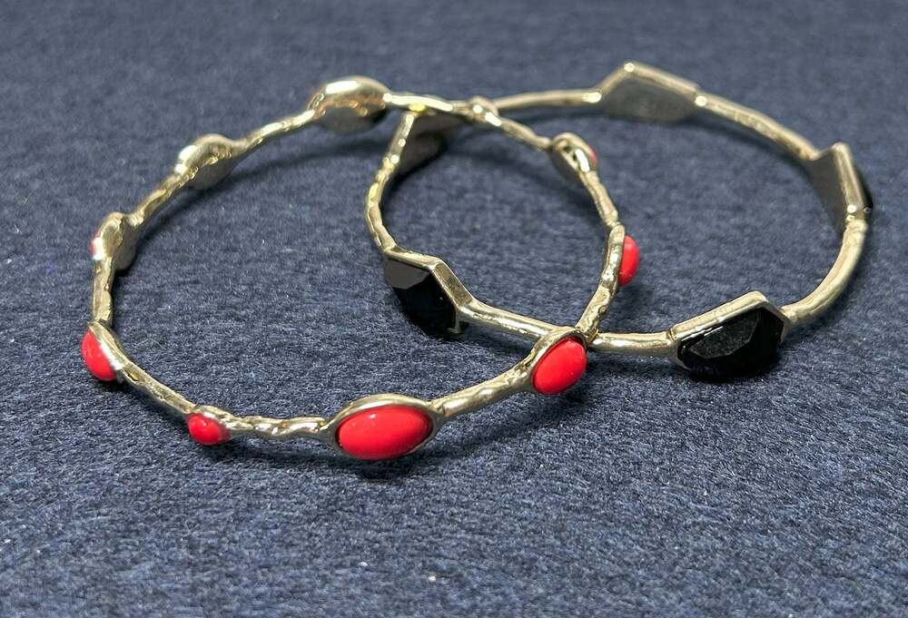 NWOT Unbranded Two Gold Tone Bangle Bracelets One Black and One Red Coral Beads